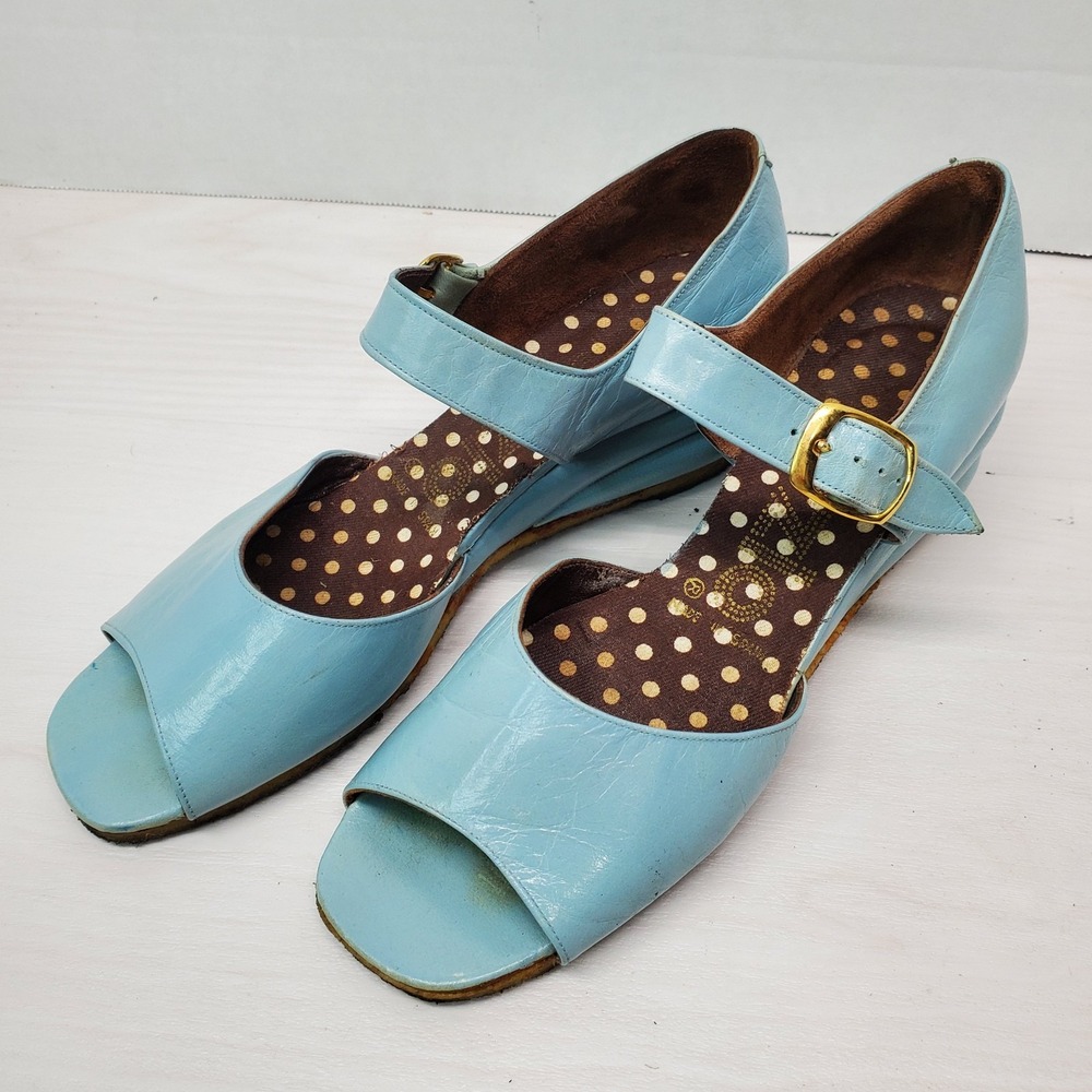 Vtg Capezio Turquoise Leather Open Toe Buckle‎ Wedge Heels Shoes 6 M Fast Ship